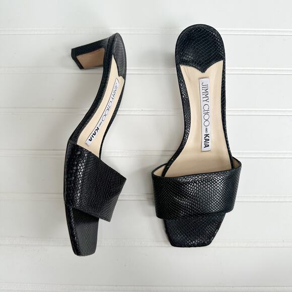 Jimmy Choo x Kaia Snakeskin Sandals Slides Black Leather Trim Minimalist - Picture 4 of 8